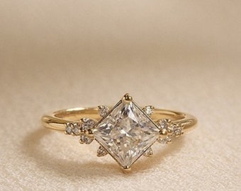 1.25 CT Princess Cut Moissanite Engagement Ring, Unique Ring, 18K Yellow Gold Ring, Wedding Ring, Art Deco Ring, Bridal Ring, Solitaire Ring