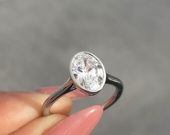 2 CT Oval Cut Moissanite Solitaire Wedding Ring, Bezel Setting Ring, Engagement Ring, 18k White Gold, Unique Bridal Ring, Anniversary Gifts