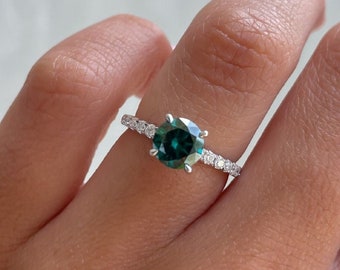 Classic 1 CT Round Cut Blue Green Moissanite Engagement Ring, Antique Half Eternity Promise Ring, Solid Gold Wedding Ring For Women