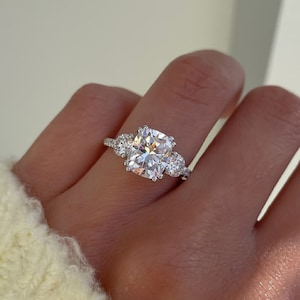 2.55 CT Cushion Cut Moissanite Three Stone Engagement Ring, Side Round Cut, Unique Ring, 14K White Gold Wedding Ring, Anniversary Gift/Ring