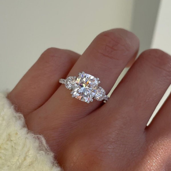 2.55 CT Cushion Cut Moissanite Three Stone Engagement Ring, Side Round Cut, Unique Ring, 14K White Gold Wedding Ring, Anniversary Gift/Ring