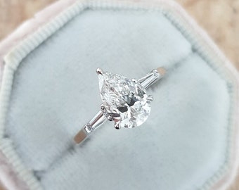 Three Stone Ring, Tapered Baguette Side Stone 1.27 CT Pear Cut Moissanite, Bridal Promise Ring, Wedding Gift Ring, Beautiful Engagement Ring