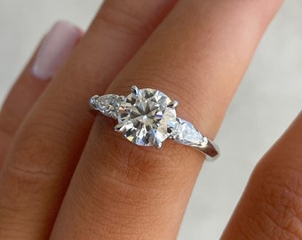 Classic 1.5 CT Round Cut Moissanite Three Stone Ring, Accents Pear Cut, Unique Bridal Ring, 14k White Gold Wedding Ring, Anniversary Gifts