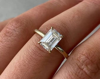 Hidden Halo 2.05 CT Emerald Cut Moissanite Engagement Ring, Prong Set Ring, Wedding Ring, Anniversary Gift Ring, 14K Solid Yellow Gold Ring