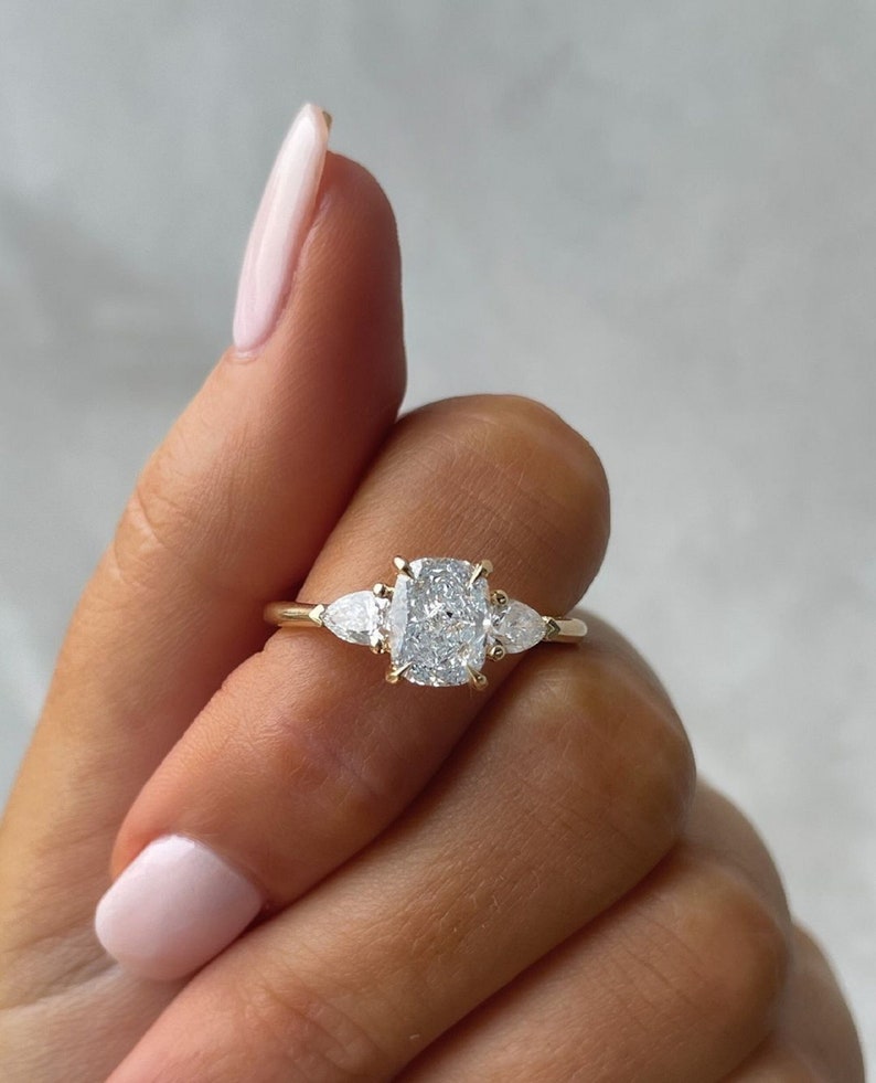 Elongated Cushion Cut Three Stone Moissanite Engagement Ring