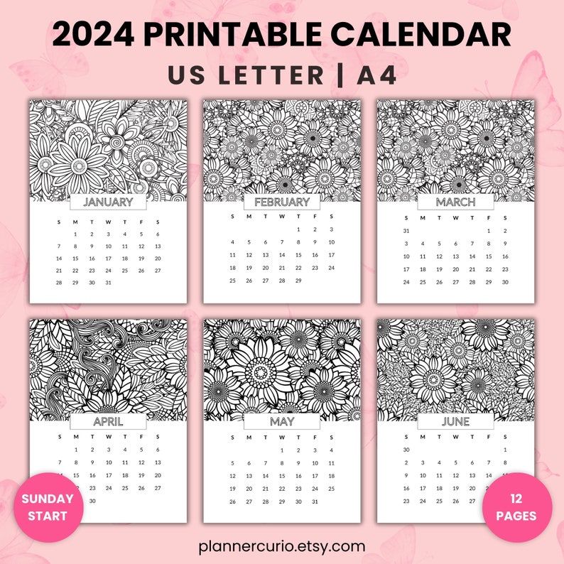 2024 Calendar Printable Coloring Pages Floral Mandala Etsy Australia