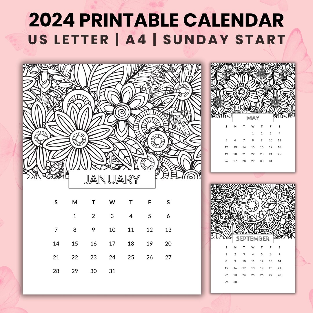 2024 Calendar Printable Coloring Pages, Floral Mandala Coloring Page