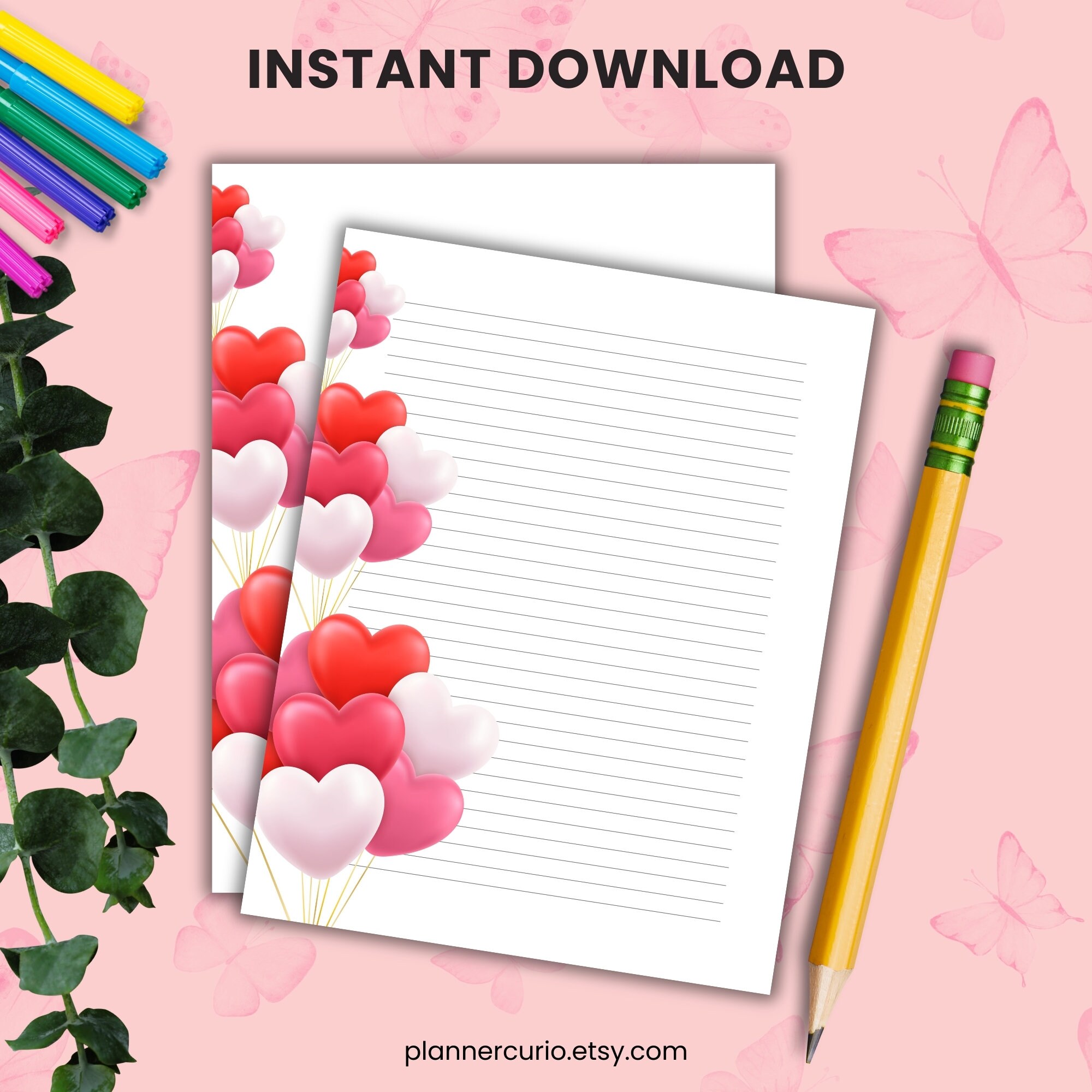 Printable Stationery Valentines Day, Heart Balloons Love Letter Writing ...