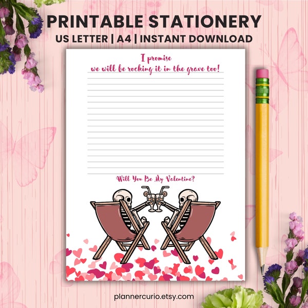 Printable Stationery Valentines Day, Skeletons Cheers Letter Writing Paper, Skeletons Valentine Party Love Letter,Be My Valentine Letter Pad