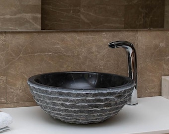 Black Marble Vessel Sink - Round Stone Washbasin for Modern Powder Room or Bathroom Vanity