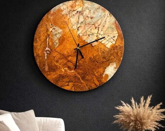Round Wall Clock in Stone – 35 cm Brown Marble Onyx Decor for Living Room, Kitchen or Dining room
