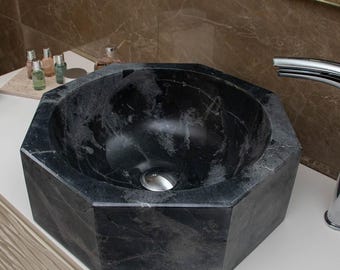 Black Marble Octagonal Vessel Sink – Modern Natural Stone Bathroom Washbasin for Vanity Cabinet