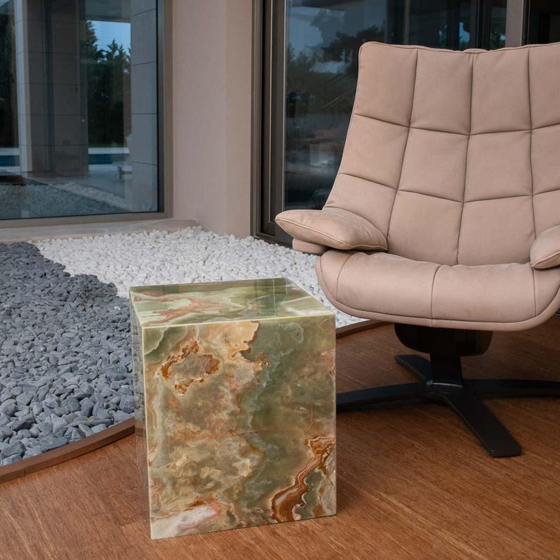 Green onyx stone cocktail table in a cube form