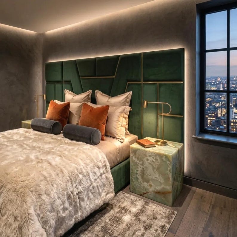 light green onyx cube table used as a bedside table in a modern luxury bedroom