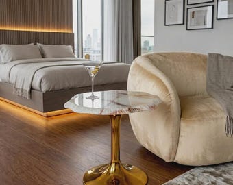 White Onyx Coffee Table | Golden Tulip Base | Small side table in natural stone