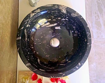 Lavabo in marmo nero fatto a mano - Lavabo in pietra fossile naturale per mobile bagno 15,7 pollici