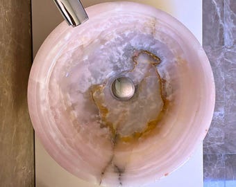 Pink Onyx Vessel Sink – Handmade Gemstone Bathroom Round Vanity Sink Basin for Countertop or Cabinet