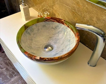 Lavabo-vasque en marbre blanc et onyx vert - Lavabo à poser en pierre naturelle fait main