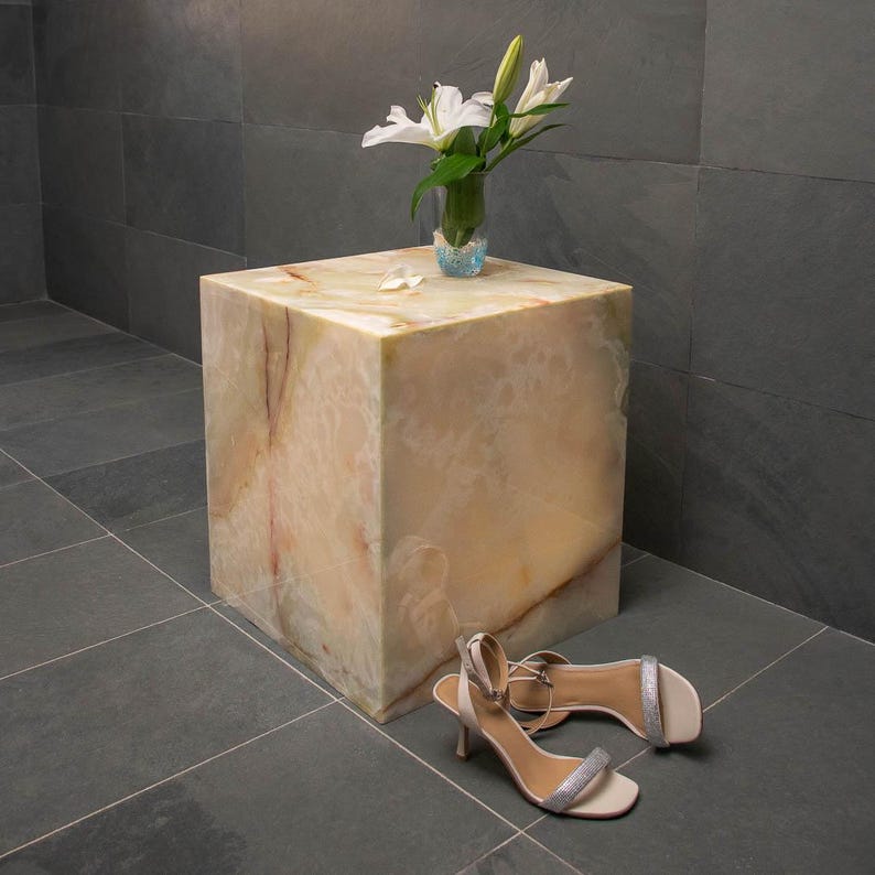 Minimalist green onyx end side table in a cube design