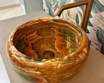 Green Onyx Vessel Sink - Round Stone Washbasin for modern Bathroom Vanity decor