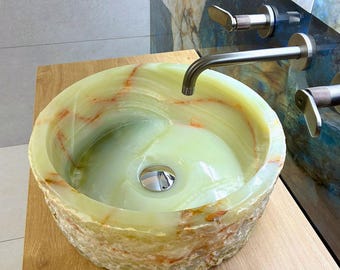 Green Onyx Stone Sink Bowl, Farmhouse style with Rustic Natural Finish, Handcrafted Vessel Basin