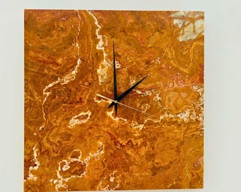 XL Stone Wall Clock – Square Brown Marble Clock for Kitchen or Living Room decoration