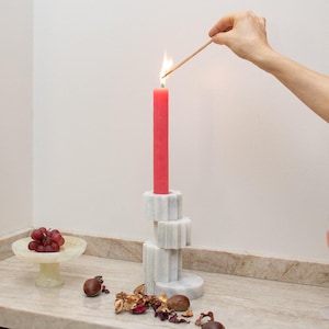 Rustic Marble Candle Holder, Stone Votive And Tealight Stand, Nordic Taper Decor, Gray White Natural Home Accent, Candle Accessories