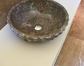 Unique Brown Fossil Marble Vanity Sink 15" - Stone Bowl for Bathroom - Natural Stone washbasin