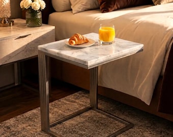 Occasional table with a white marble top | bedside table for breakfast, drinks or laptop
