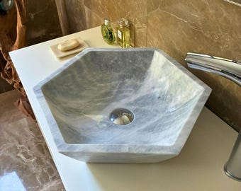 Handmade Grey Marble Bathroom Sink – Natural Stone Basin 15,7" Modern Vessel Bowl Sink