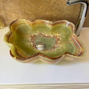 Green Onyx Shell Vessel Sink – Stone Bathroom Basin for Vanity, Countertop, or Powder Room