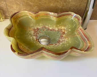 Green Onyx Shell Vessel Sink – Stone Bathroom Basin for Vanity, Countertop, or Powder Room