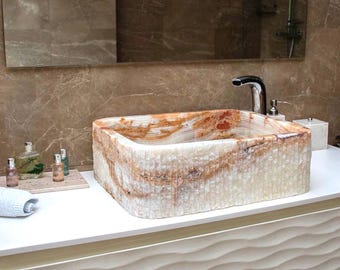 Natural Onyx Vessel Sink 19.7" x 15.7", Stone Handcarved Square Bathroom Basin for Vanity countertop