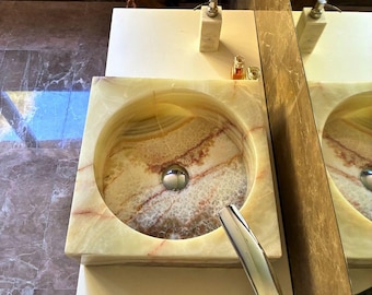 Square Light Green Onyx Sink Basin – Handmade Stone Vessel Sink for Bathroom Cabinet top