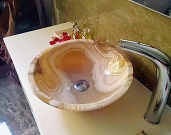 Onyx Stone Bowl Sink – 15.75" Round Bathroom Washbasin, Natural Stone Vanity Vessel Countertop Basin