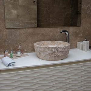 Hand Carved Beige Marble Sink: Round Stone Bowl Bathroom Vanity