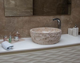 Natural Beige Marble Bathroom Basin, Rustic Handmade Stone Sink, Bowl desing & Unique Vanity Top