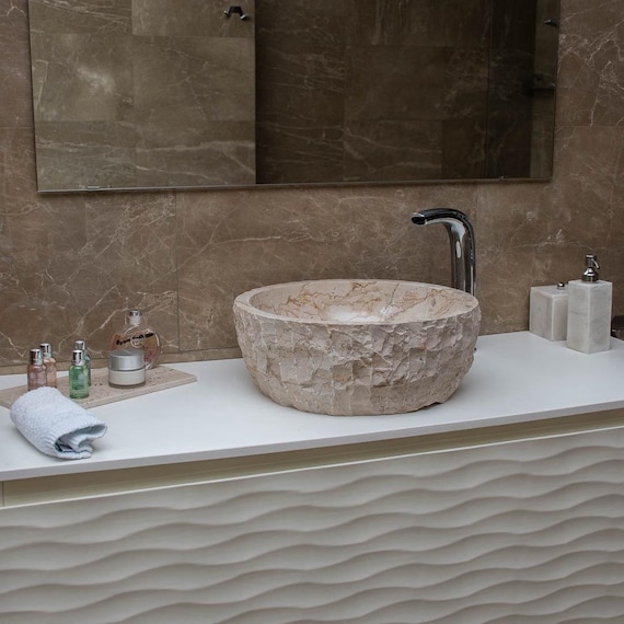Natural Beige Marble Bathroom Basin, Rustic Handmade Stone Sink, Bowl desing & Unique Vanity Top
