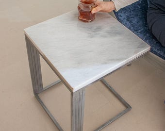 End Side White Marble C Table for Small Spaces | Modern Table | Living Room Furniture