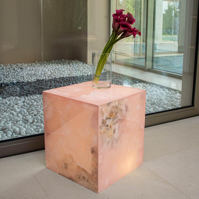 Luxury small table in a cube shape, handmade from pink onyx