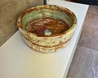 Rustic Green Onyx Vessel Sink – Natural Stone Farmhouse Vanity Sink basin, Handcrafted Rough Bowl