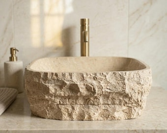 Beige Marble Vessel Sink, Handmade Natural Stone Basin for SPA Bathrooms