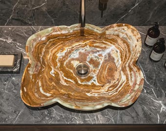 Small Stone Sink – Natural Onyx Washbasin for vanity cabinet unit in flower form