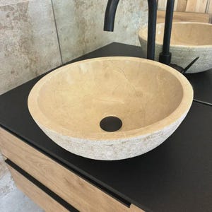 Beige Marble Bowl Vessel Sink – Stone Washbasin for bathroom cabinet, Minimalist Design