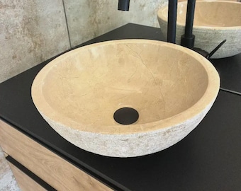 Aufsatzwaschbecken aus beigefarbenem Marmor – Steinwaschbecken für Badezimmerschrank, minimalistisches Design