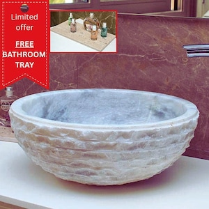 Hand-Carved Marble Sink: Modern Round Vanity Basin (15.75&quot;), countertop bowl Washbasin