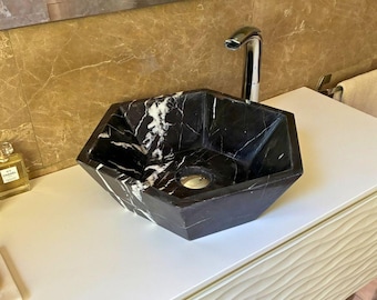 Lavabo in marmo nero – Lavabo da appoggio dal design unico, lussuoso lavabo in pietra naturale per il bagno