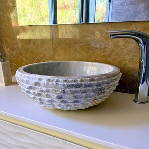 White Marble Bathroom Sink – Vessel Bowl Basin, Natural Stone Vanity Sink with Rustic Design
