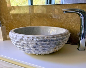 White Marble Bathroom Sink – Vessel Bowl Basin, Natural Stone Vanity Sink with Rustic Design