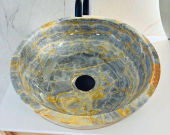 Blue Onyx Vessel Sink Bowl – Round Natural Stone Bathroom WashBasin, Luxury Sink Basin